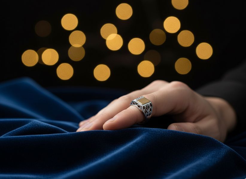 Срібний чоловічий перстень &laquo;Паріс&raquo; із золотою пластиною та фіанітами